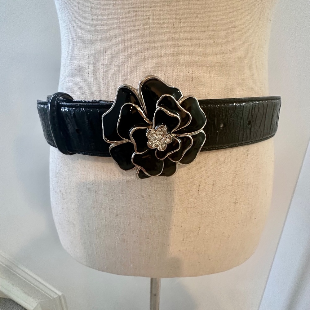 Floral & Rhinestone Buckle Black Patent Leather